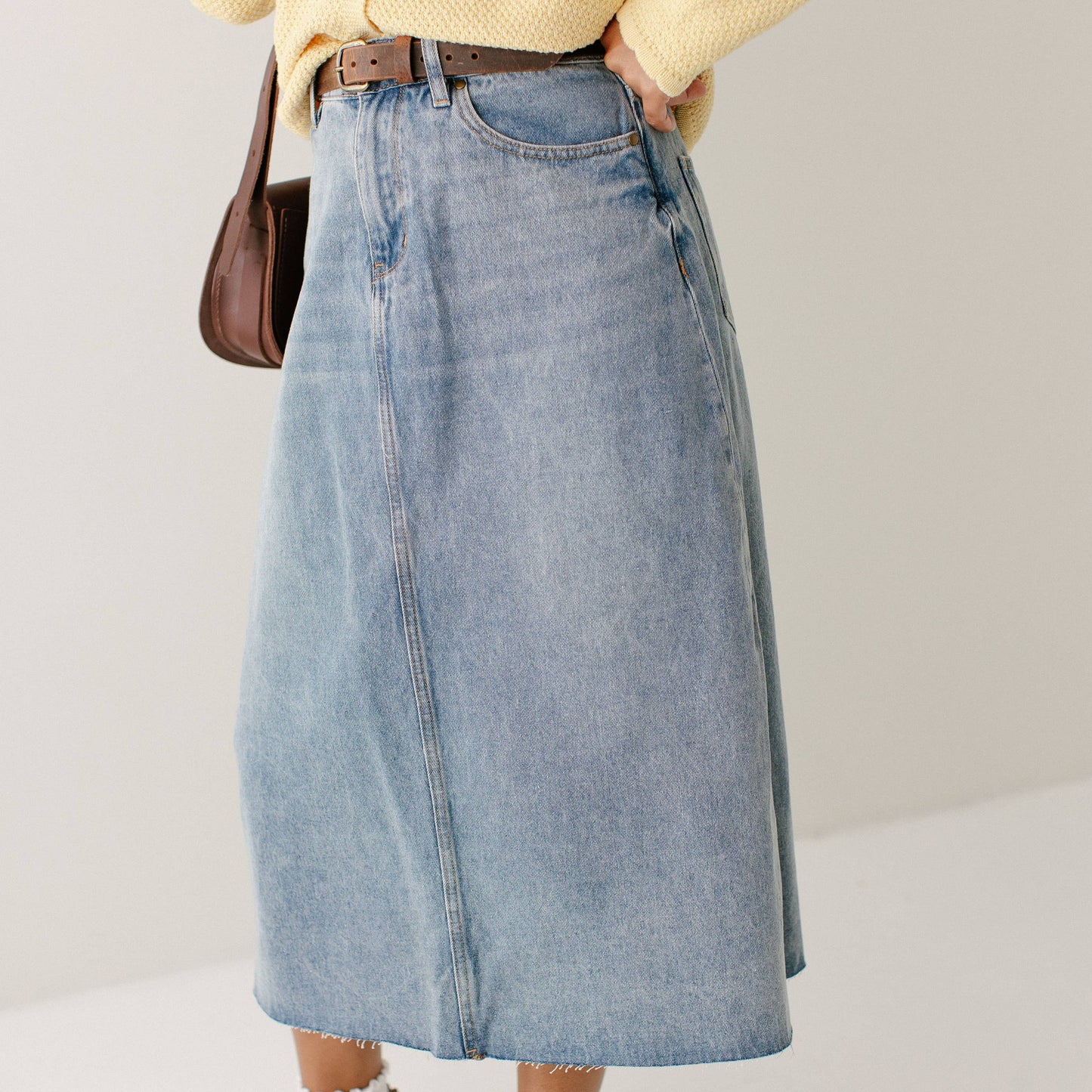 Brooke - Vintage Wash A-Line Denim Midi Skirt