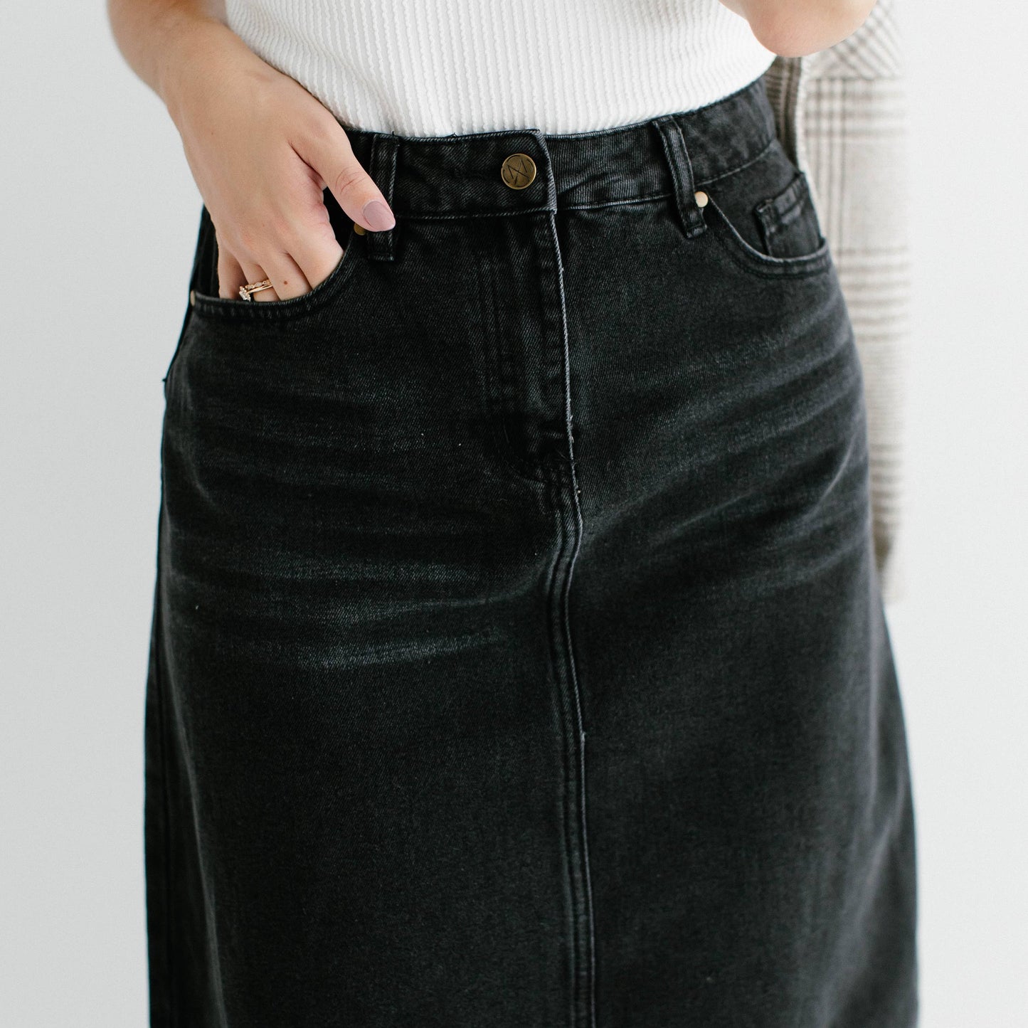 Brooke - A-Line Black Denim Midi Skirt Vintage