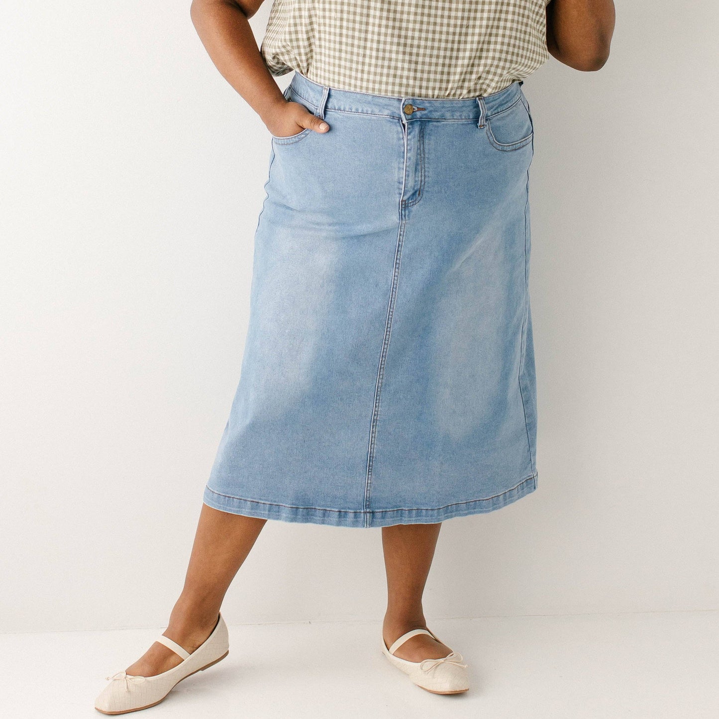 Renee - Midi A-Line Stretch Denim Skirt Light Wash