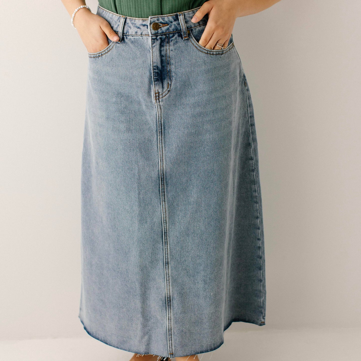 Brooke - Vintage Wash A-Line Denim Midi Skirt