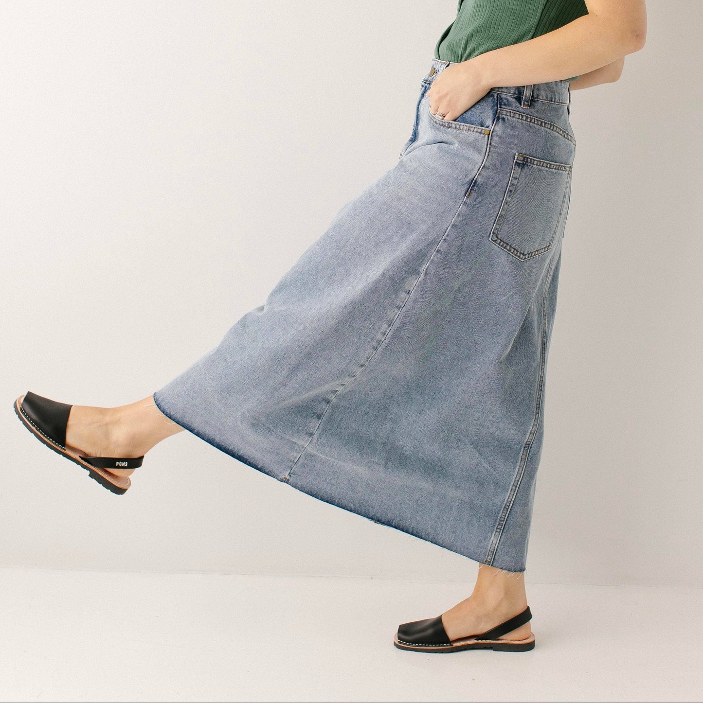 Brooke - Vintage Wash A-Line Denim Midi Skirt