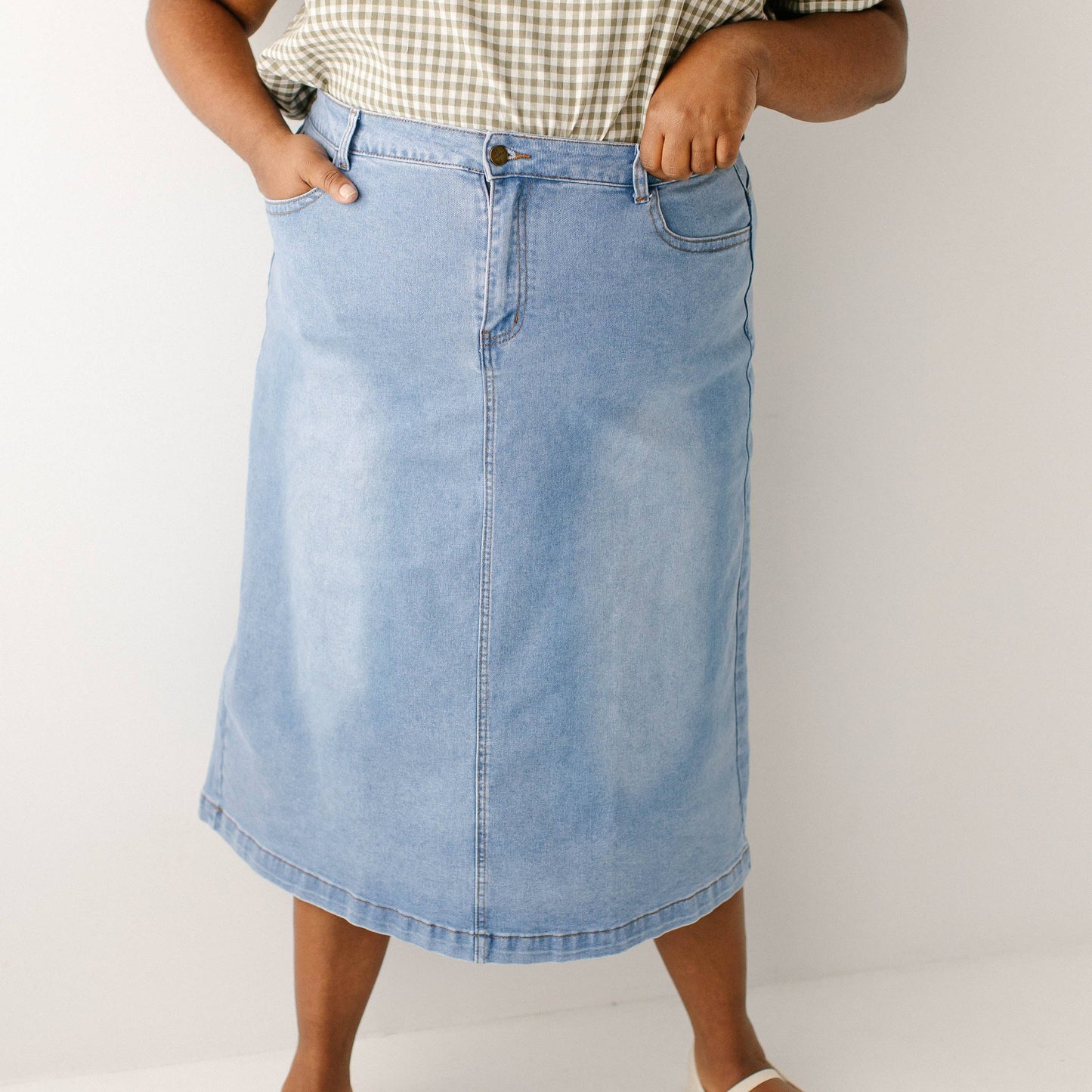 Renee - Midi A-Line Stretch Denim Skirt Light Wash