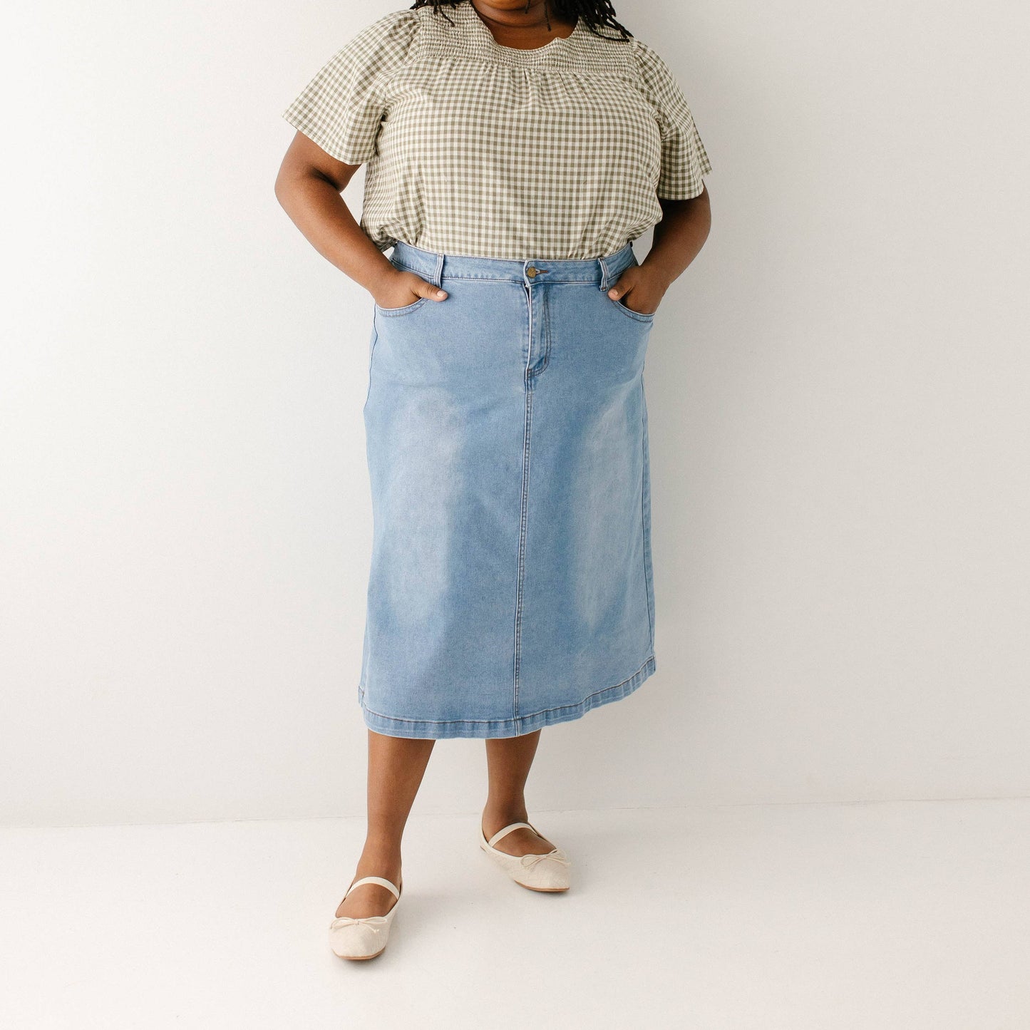 Renee - Midi A-Line Stretch Denim Skirt Light Wash
