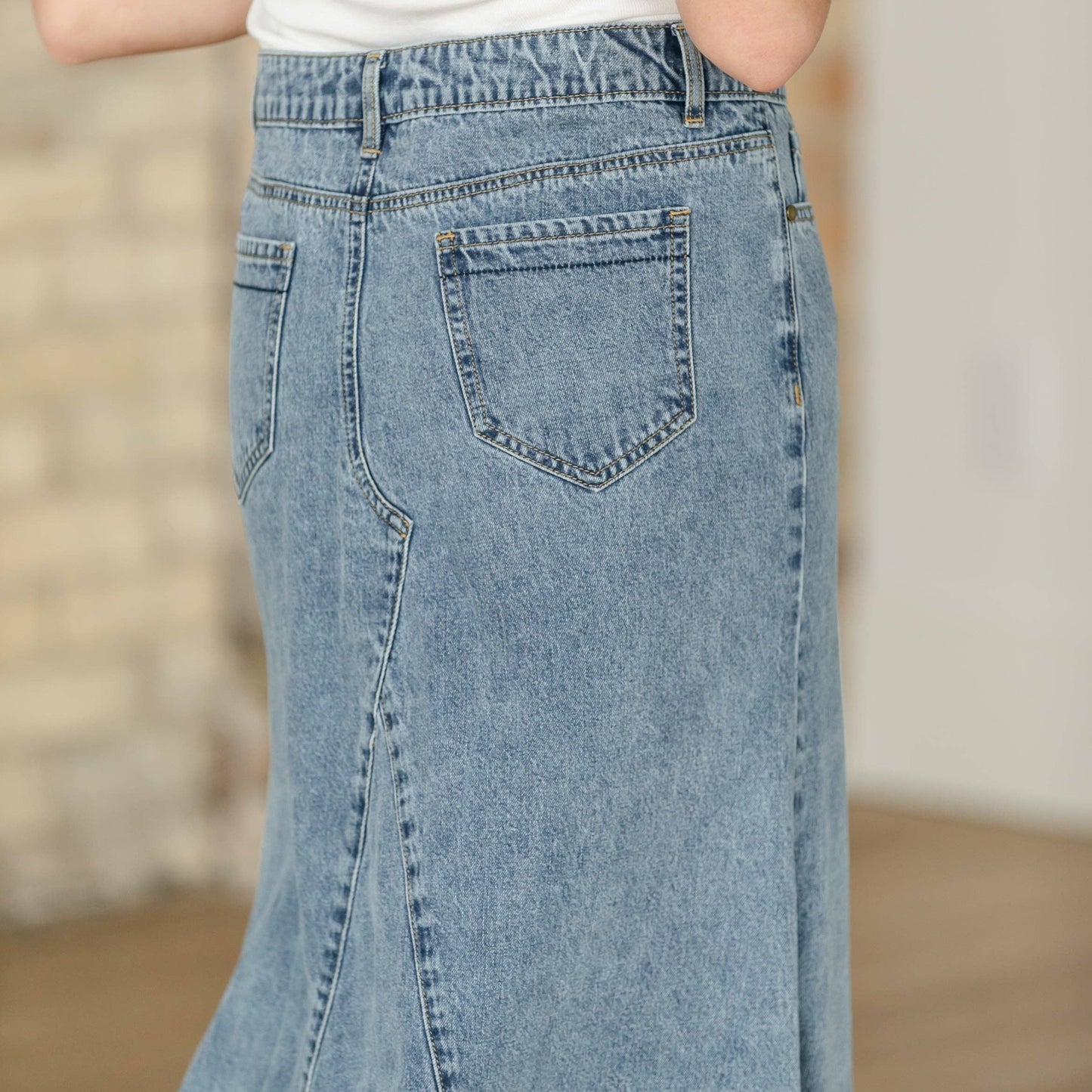 The Jennifer - Medium Wash A-Line Long Denim Skirt