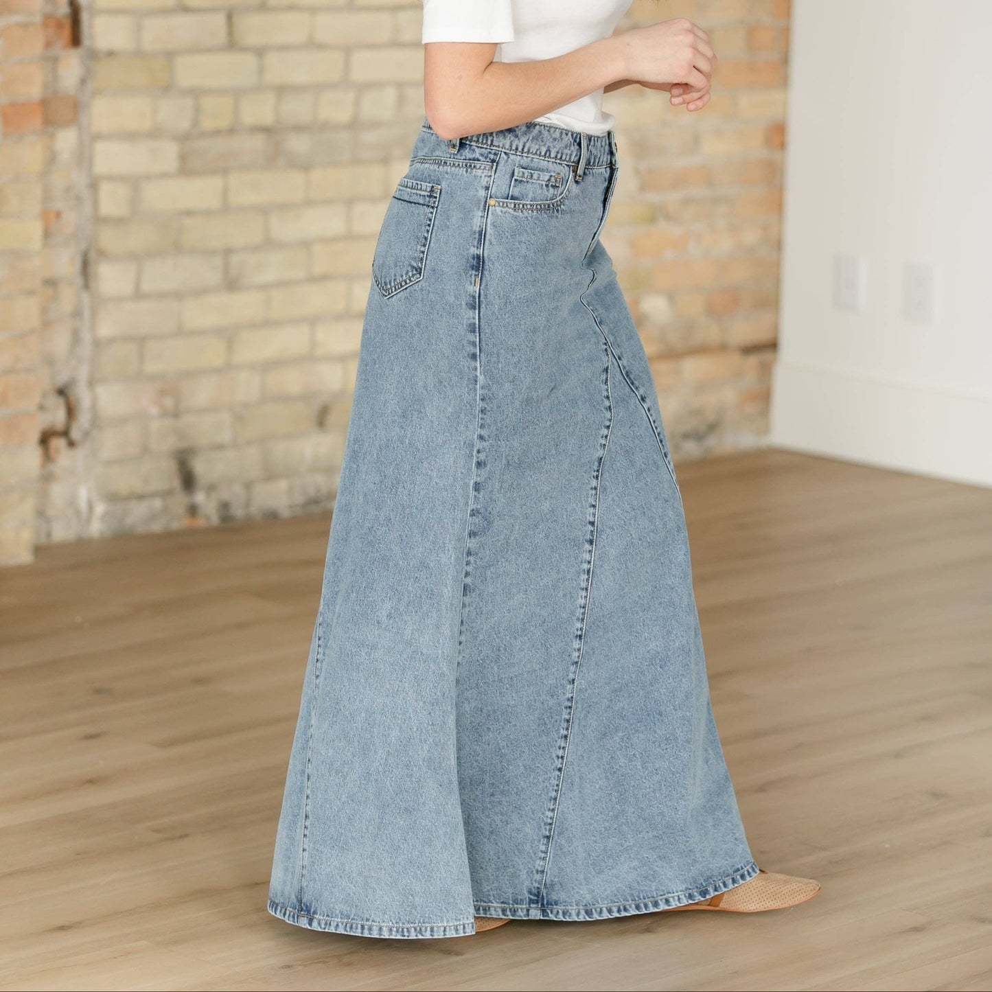 The Jennifer - Medium Wash A-Line Long Denim Skirt