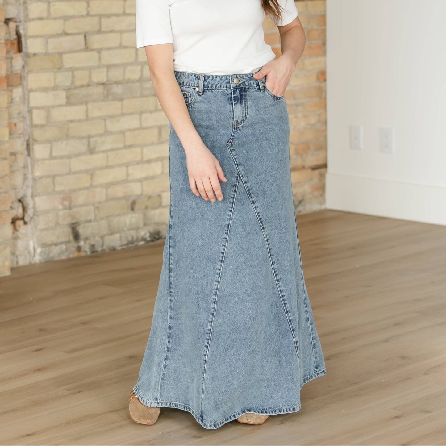 The Jennifer - Medium Wash A-Line Long Denim Skirt