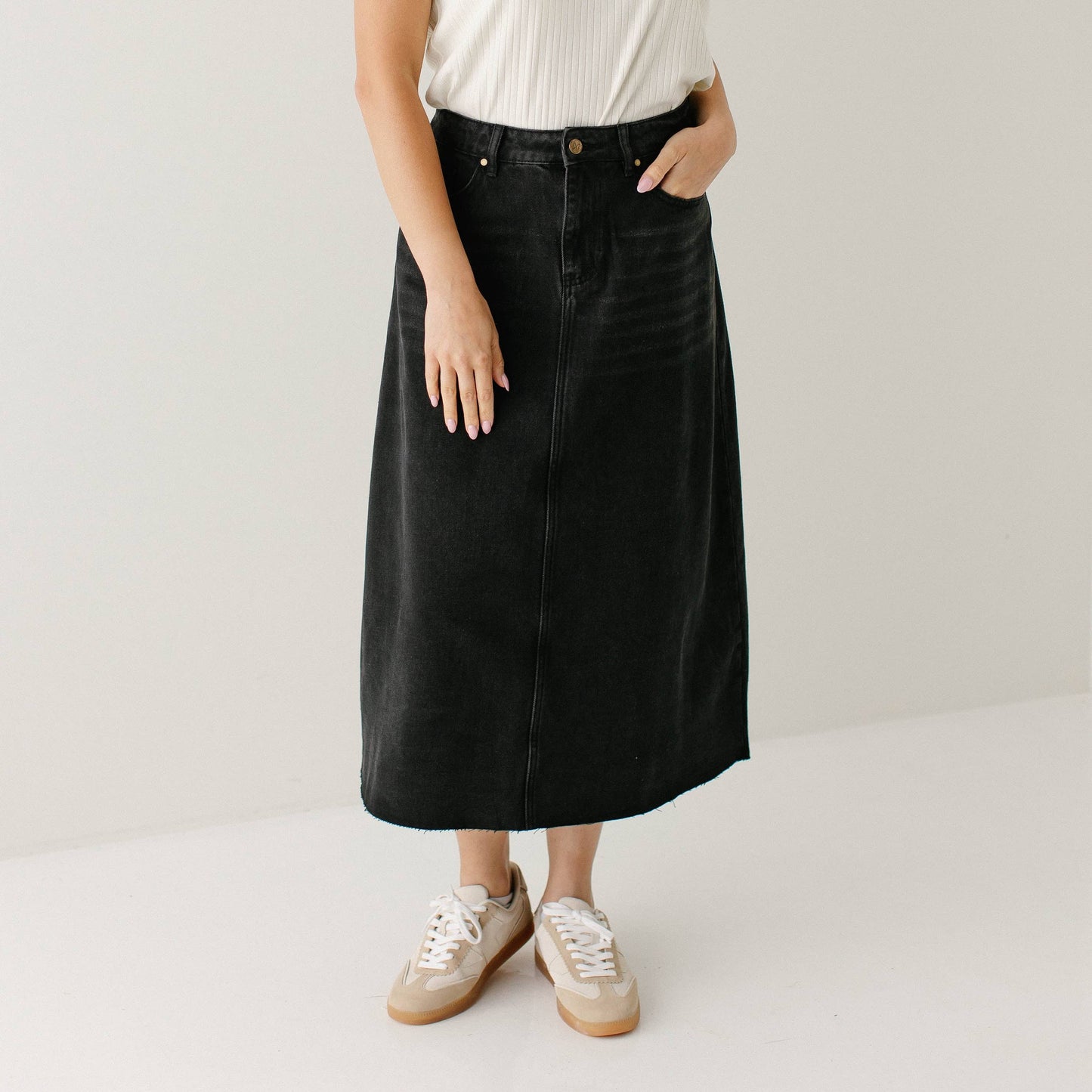 Brooke - A-Line Black Denim Midi Skirt Vintage