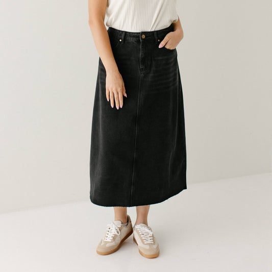 Brooke - A-Line Black Denim Midi Skirt Vintage