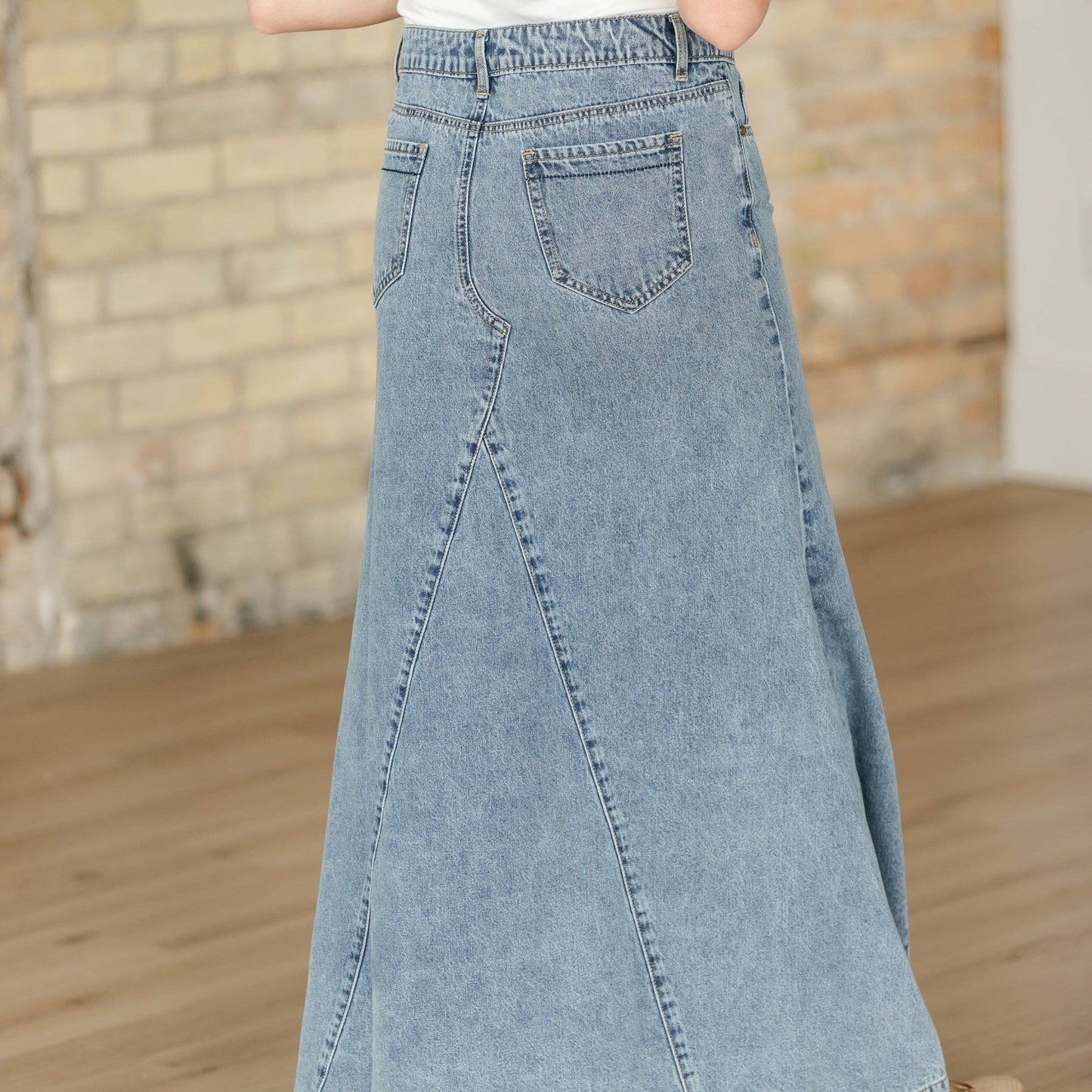 The Jennifer - Medium Wash A-Line Long Denim Skirt