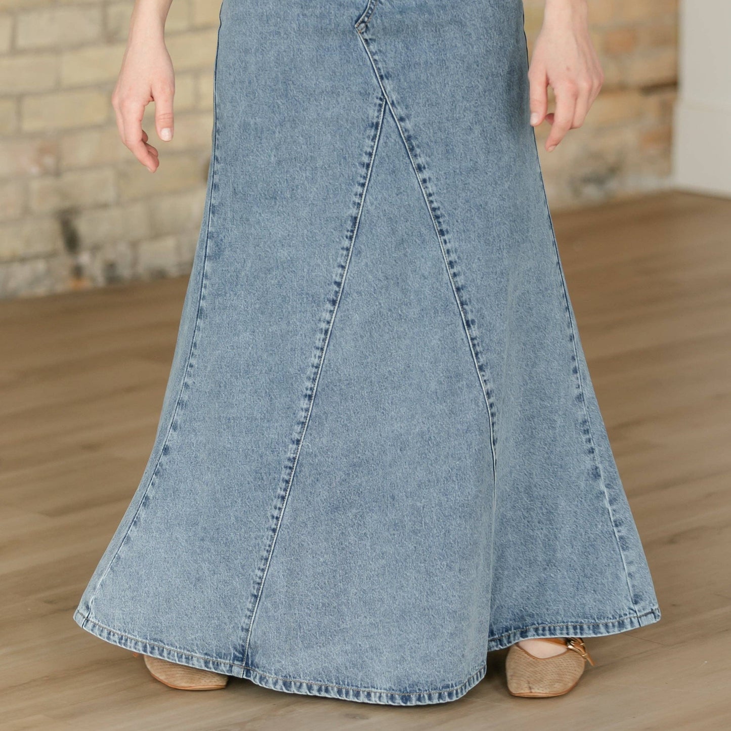 The Jennifer - Medium Wash A-Line Long Denim Skirt