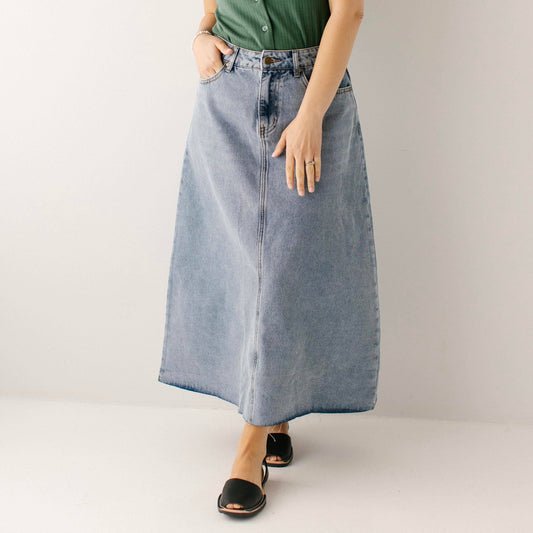 Brooke - Vintage Wash A-Line Denim Midi Skirt