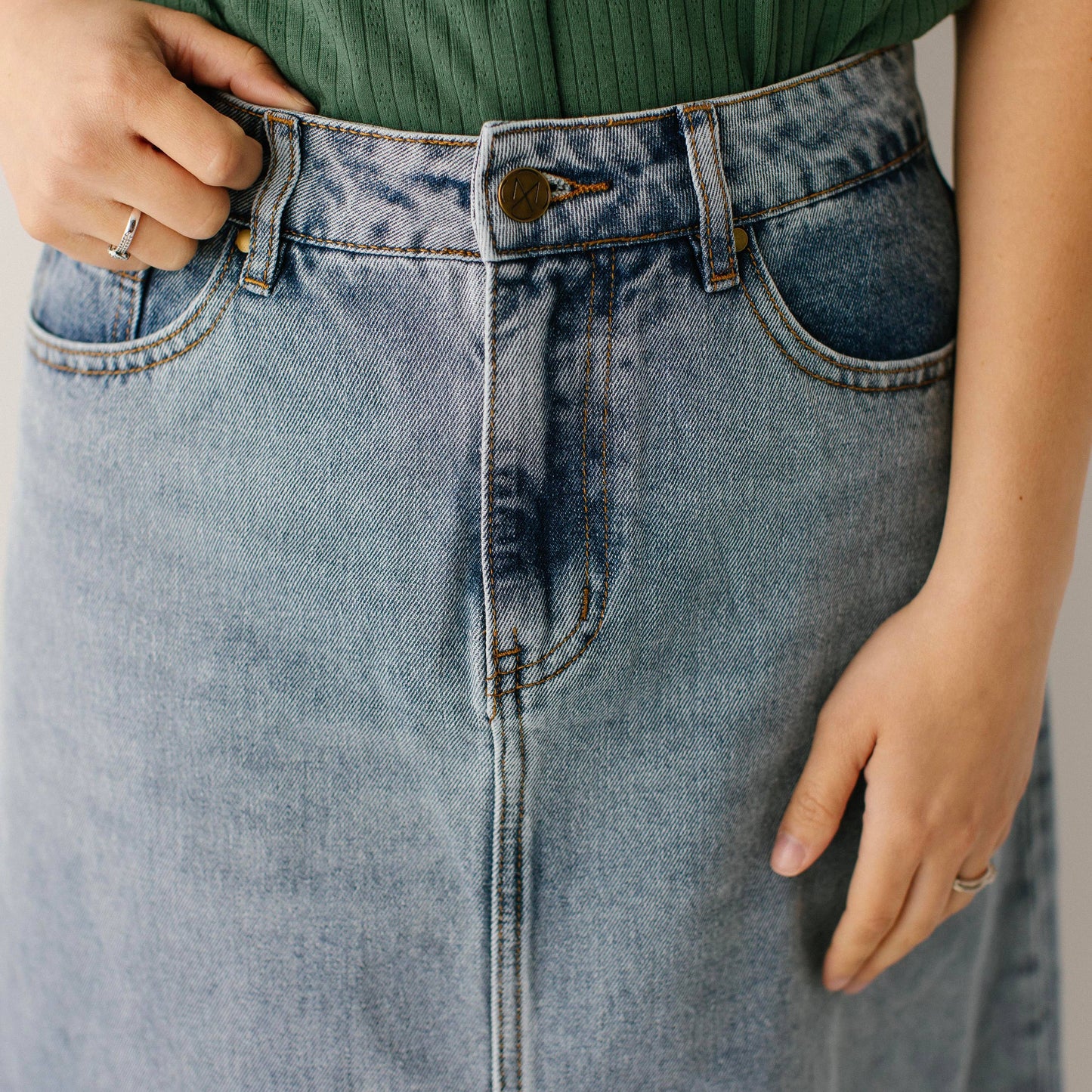 Brooke - Vintage Wash A-Line Denim Midi Skirt