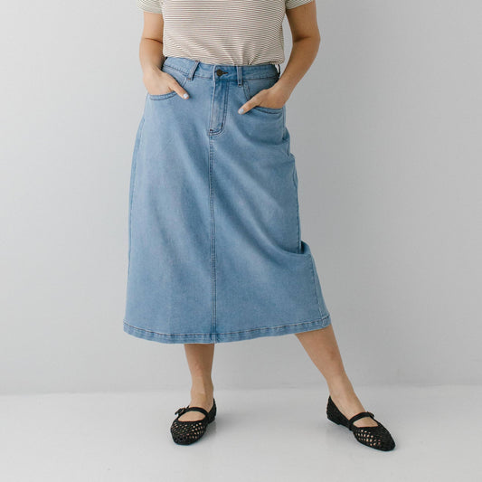 Renee - Midi A-Line Stretch Denim Skirt Light Wash
