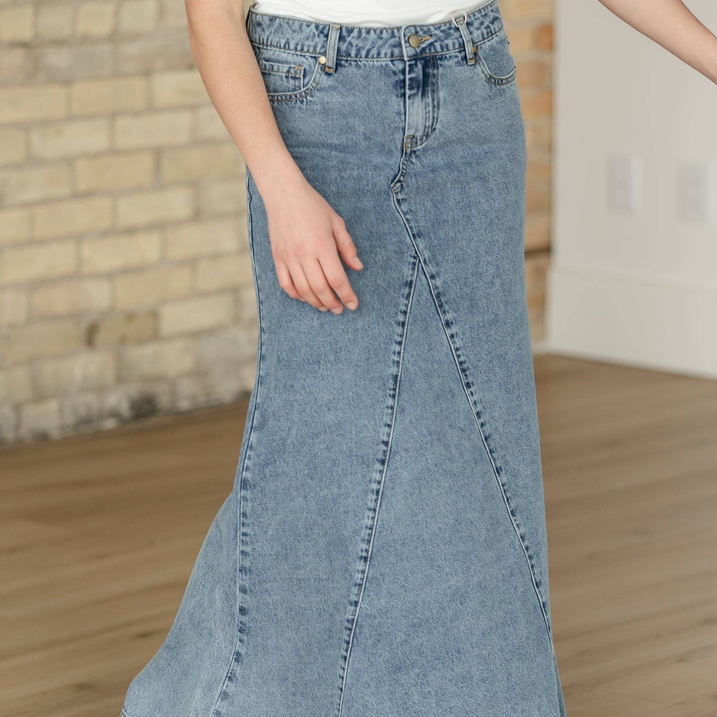 The Jennifer - Medium Wash A-Line Long Denim Skirt