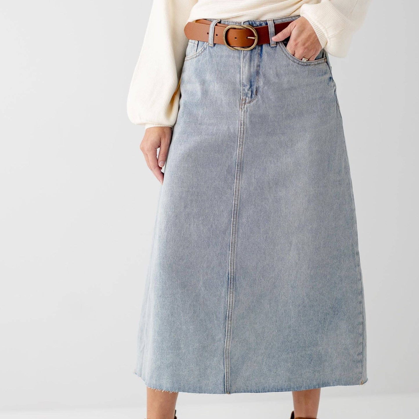 Brooke - Vintage Wash A-Line Denim Midi Skirt